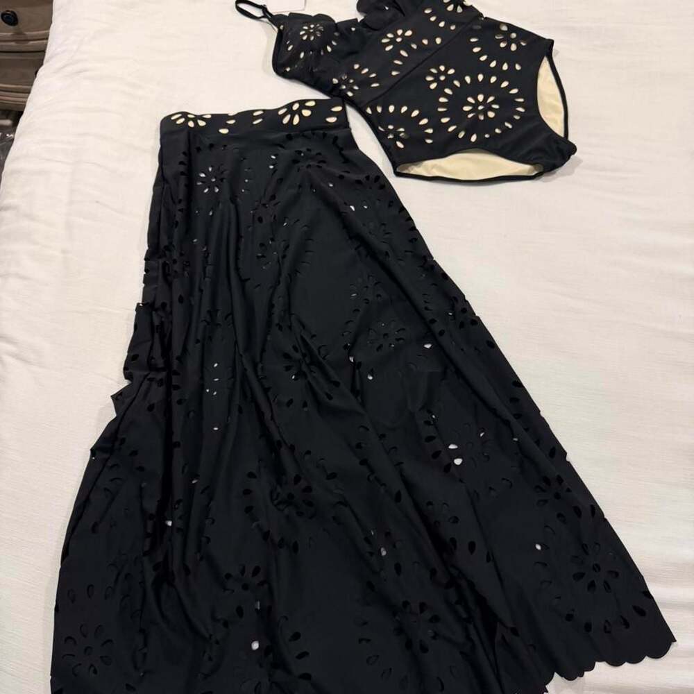 Vibecurve Black Eyelet Cut-Out One Piece Swimsuit and Skirt Set